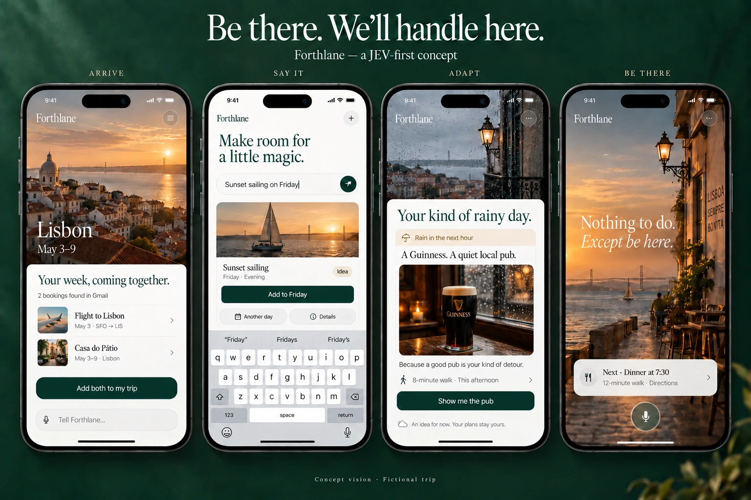 The original Forthlane native design: photographic iPhone screens for arriving, saying an idea, a personalized Guinness suggestion in the rain, and enjoying the moment